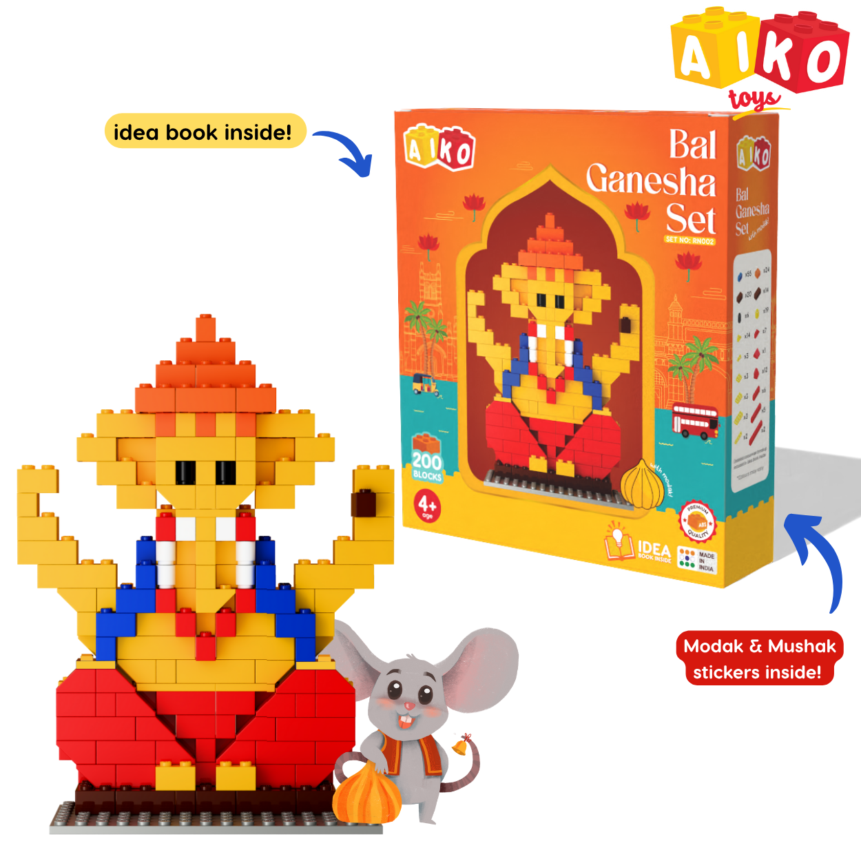 AIKO Bal Ganesha Building Block Set with Modak – Includes Mushak Sticker| Cultural Building Block Toy