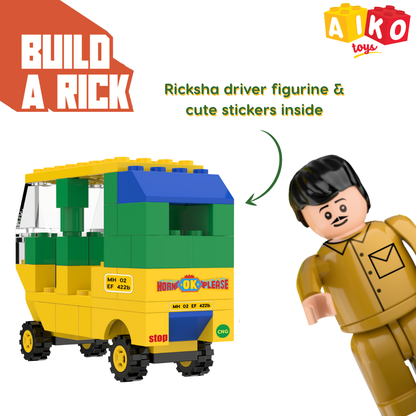 AIKO Build-a-Rick | Indian Rickshaw Building Block Set | 80 Building Blocks| Ages 4-99 years