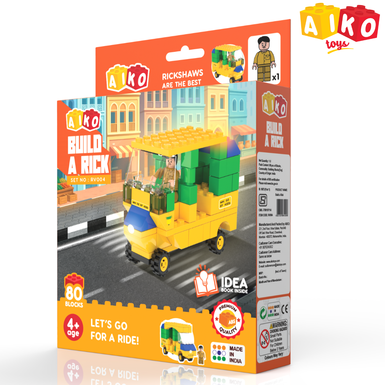 AIKO Build-a-Rick | Indian Rickshaw Building Block Set | 80 Building Blocks| Ages 4-99 years
