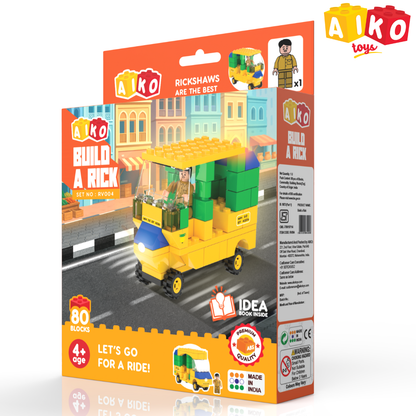 AIKO Build-a-Rick | Indian Rickshaw Building Block Set | 80 Building Blocks| Ages 4-99 years