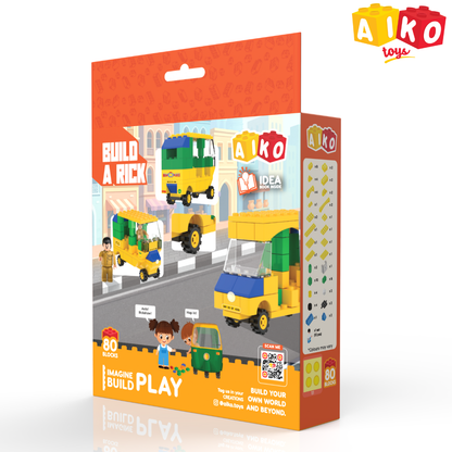 AIKO Build-a-Rick | Indian Rickshaw Building Block Set | 80 Building Blocks| Ages 4-99 years