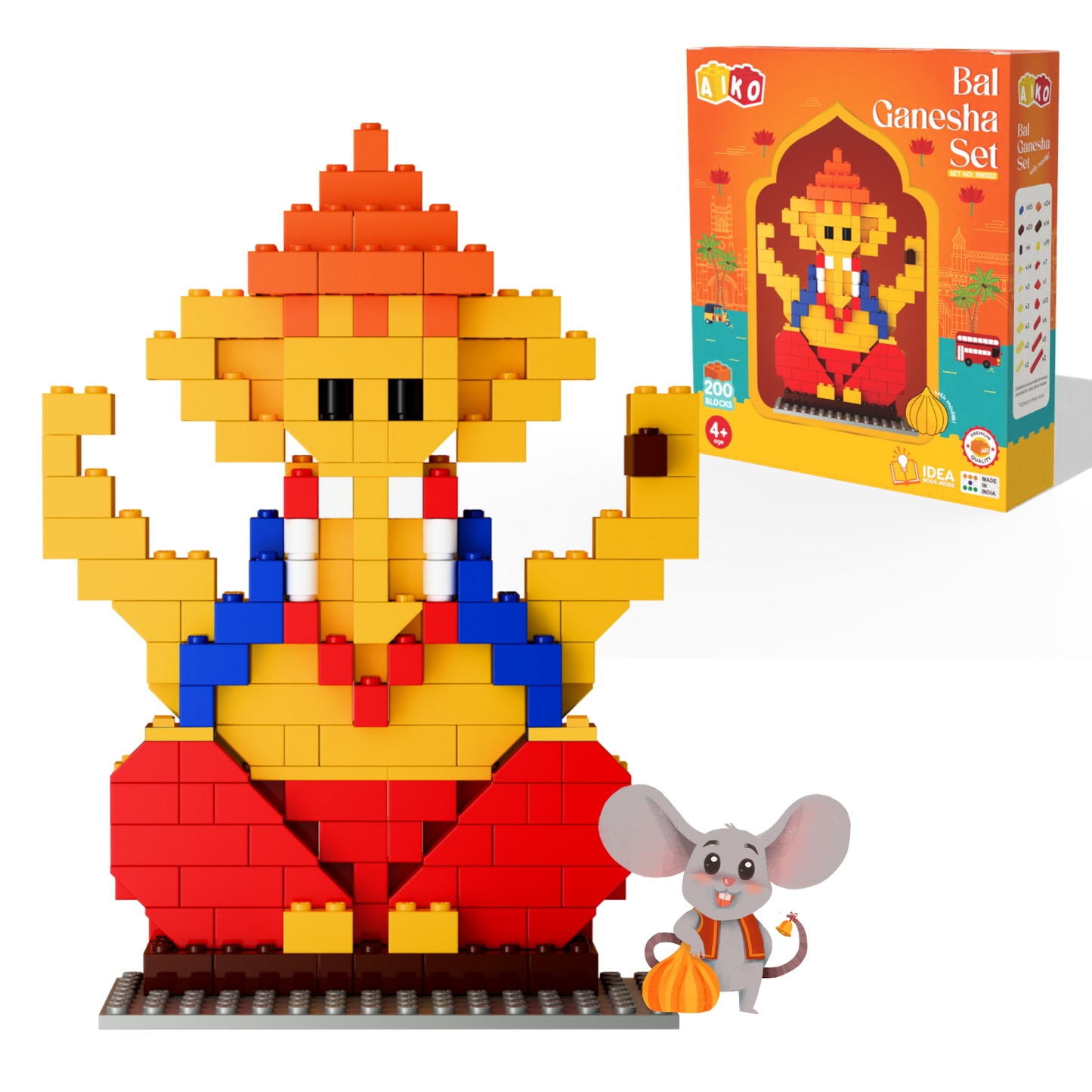 AIKO Bal Ganesha Building Block Set with Modak – Includes Mushak Sticker| Cultural Building Block Toy