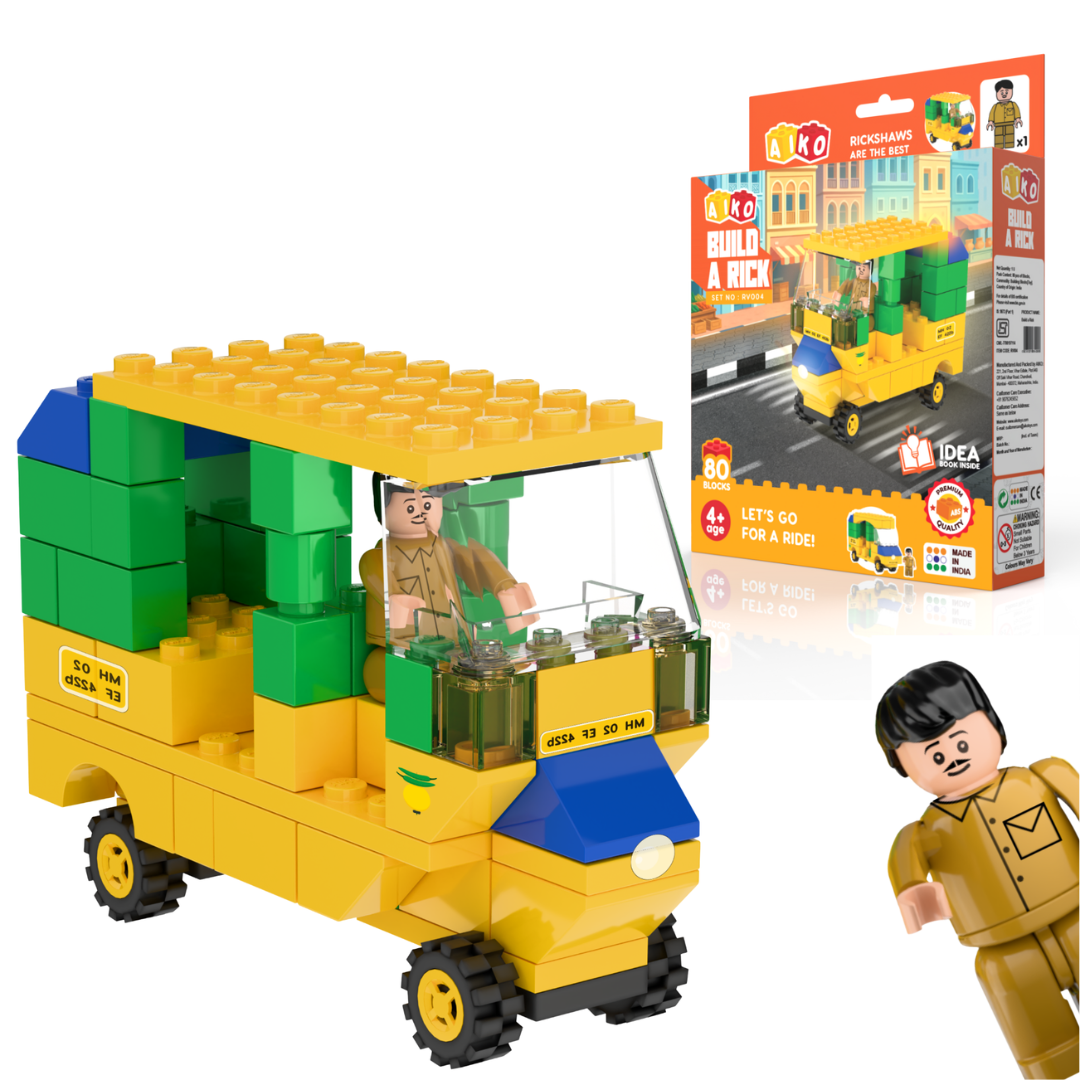 AIKO Build-a-Rick | Indian Rickshaw Building Block Set | 80 Building Blocks| Ages 4-99 years